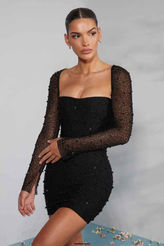 Oh Polly rochie femei rochie mini cu corset impodobit cu maneca lunga milan negru 6PJ0L223