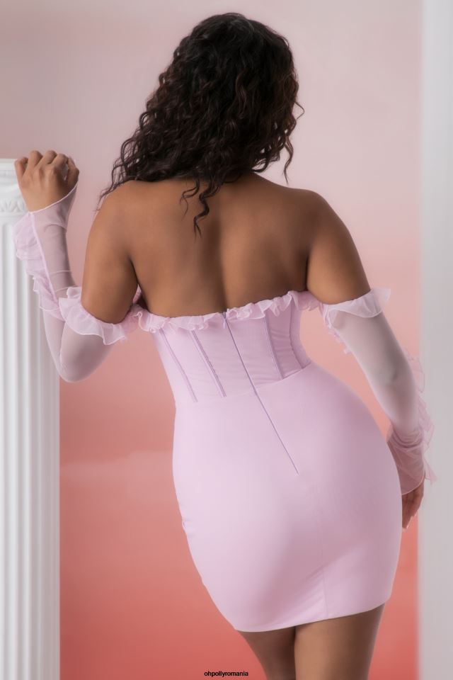 Oh Polly rochie femei rochie mini cu decolteu cu volan makaria roz 6PJ0L445