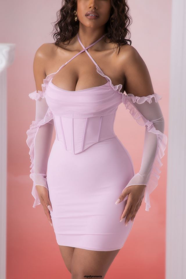 Oh Polly rochie femei rochie mini cu decolteu cu volan makaria roz 6PJ0L445