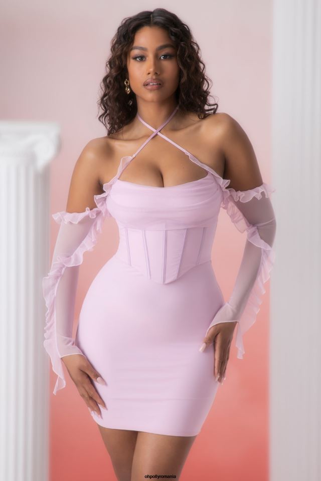 Oh Polly rochie femei rochie mini cu decolteu cu volan makaria roz 6PJ0L445