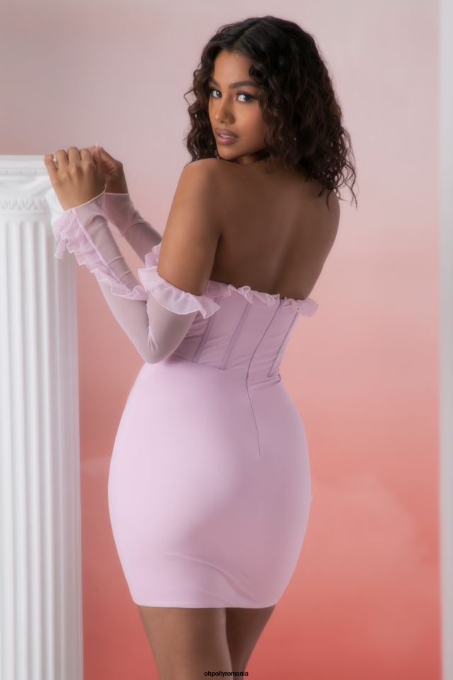 Oh Polly rochie femei rochie mini cu decolteu cu volan makaria roz 6PJ0L445