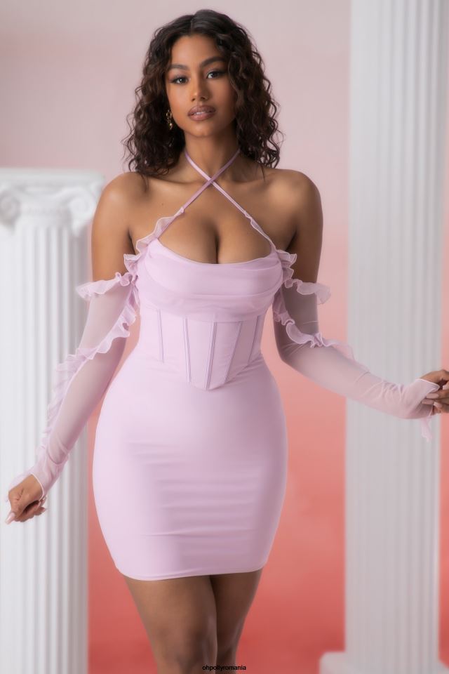 Oh Polly rochie femei rochie mini cu decolteu cu volan makaria roz 6PJ0L445