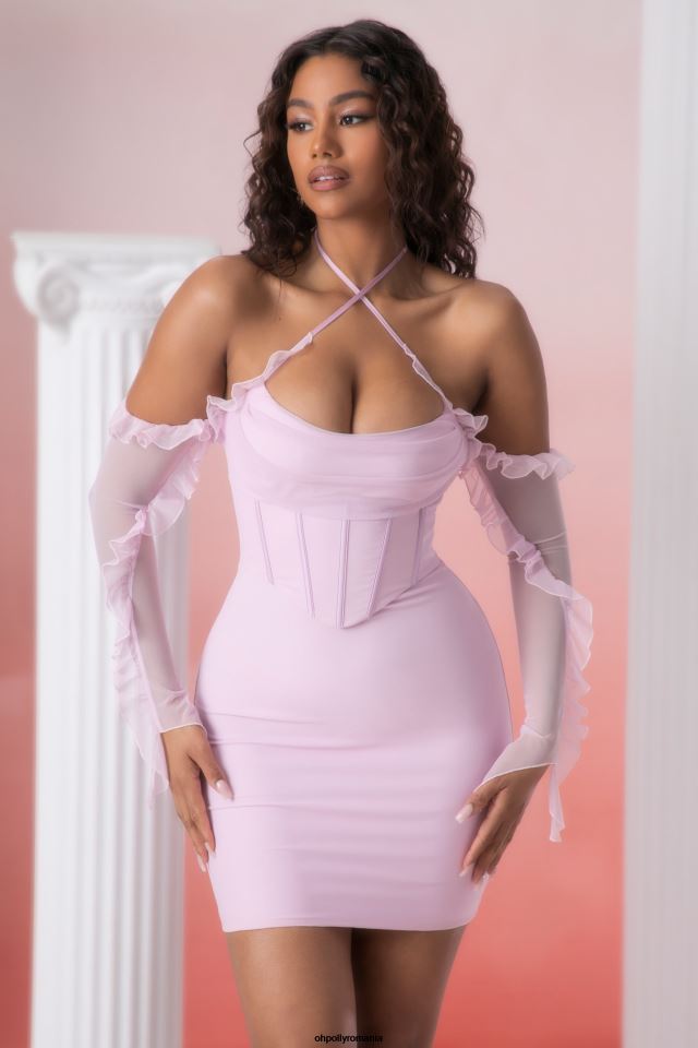 Oh Polly rochie femei rochie mini cu decolteu cu volan makaria roz 6PJ0L445