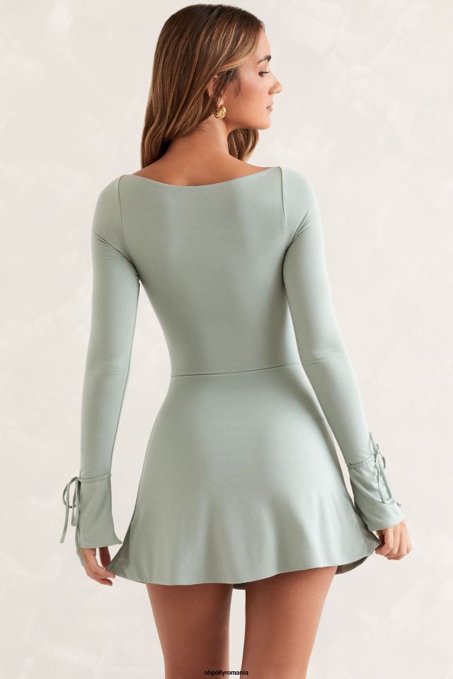 Oh Polly rochie femei rochie mini cu mânecă lungă baize cu decolteu pătrat salvie 6PJ0L138