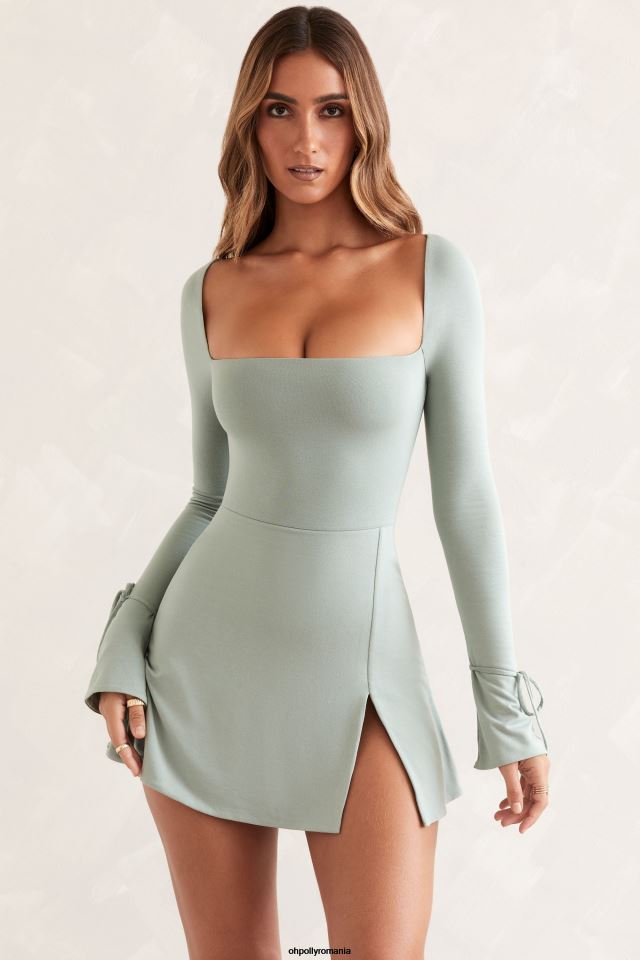Oh Polly rochie femei rochie mini cu mânecă lungă baize cu decolteu pătrat salvie 6PJ0L138