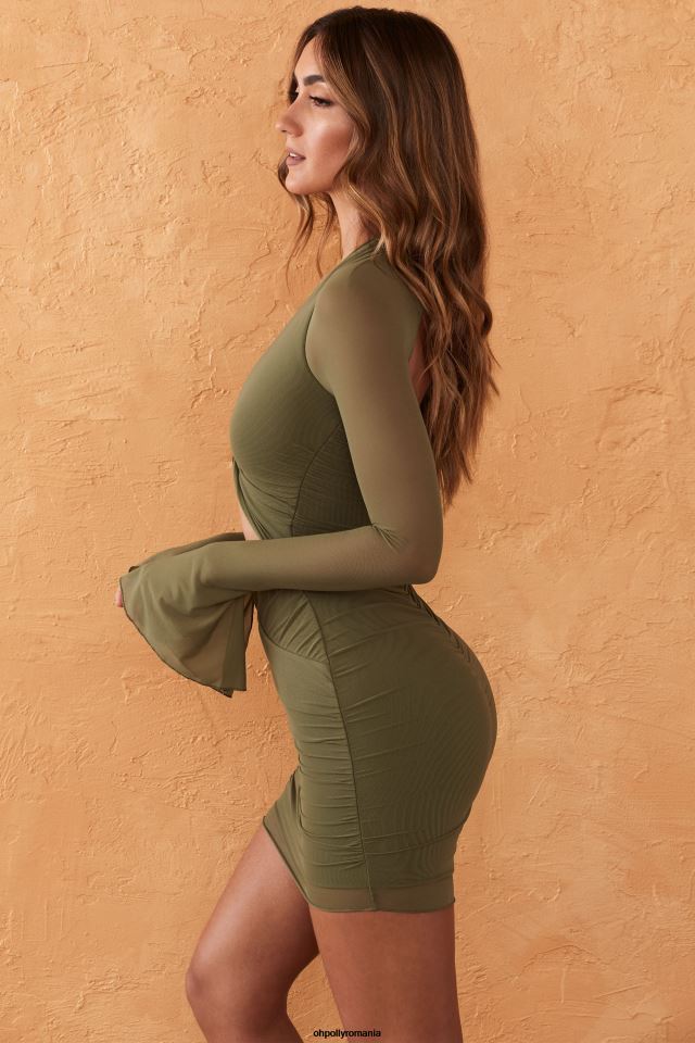 Oh Polly rochie femei rochie mini cu mânecă lungă beyza cu decolteu adânc măsline 6PJ0L324