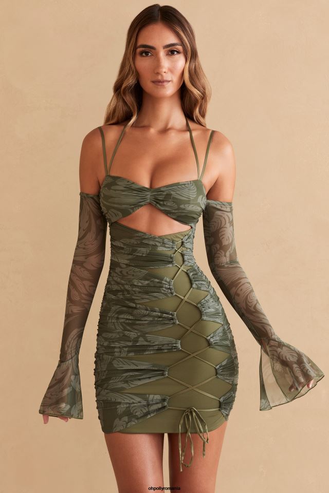 Oh Polly rochie femei rochie mini cu mâneci lungi cu panouri asli imprimeu de măsline 6PJ0L321
