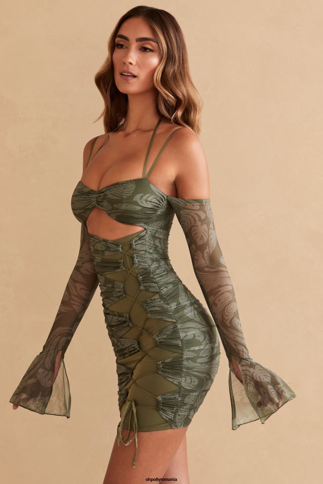 Oh Polly rochie femei rochie mini cu mâneci lungi cu panouri asli imprimeu de măsline 6PJ0L321
