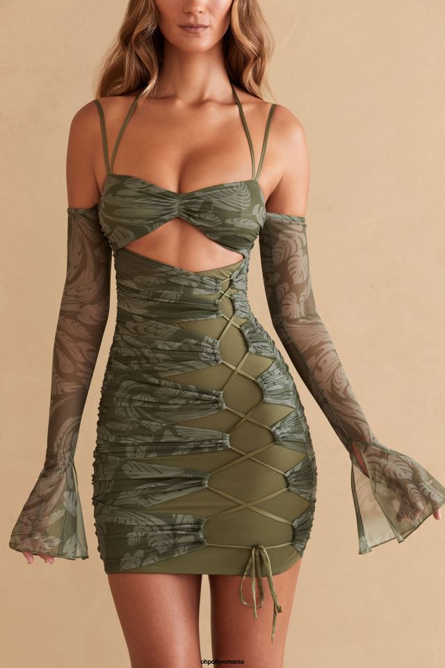 Oh Polly rochie femei rochie mini cu mâneci lungi cu panouri asli imprimeu de măsline 6PJ0L321