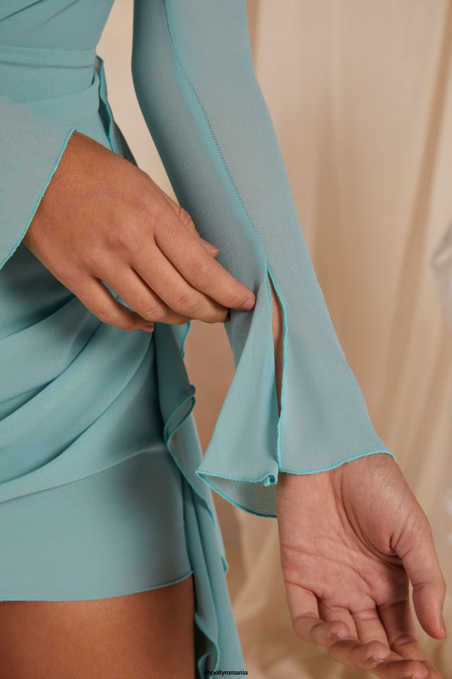 Oh Polly rochie femei rochie mini drapată mila cu mânecă lungă teal 6PJ0L259
