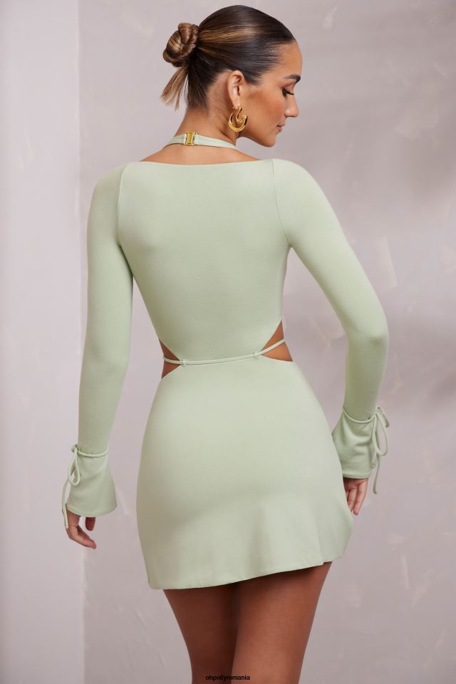 Oh Polly rochie femei rochie mini elise, cu mânecă lungă, decupată salvie 6PJ0L220