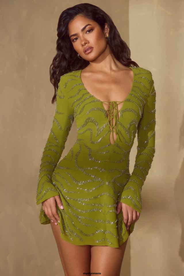 Oh Polly rochie femei rochie mini estelle cu mânecă lungă și dantelă măsline 6PJ0L56