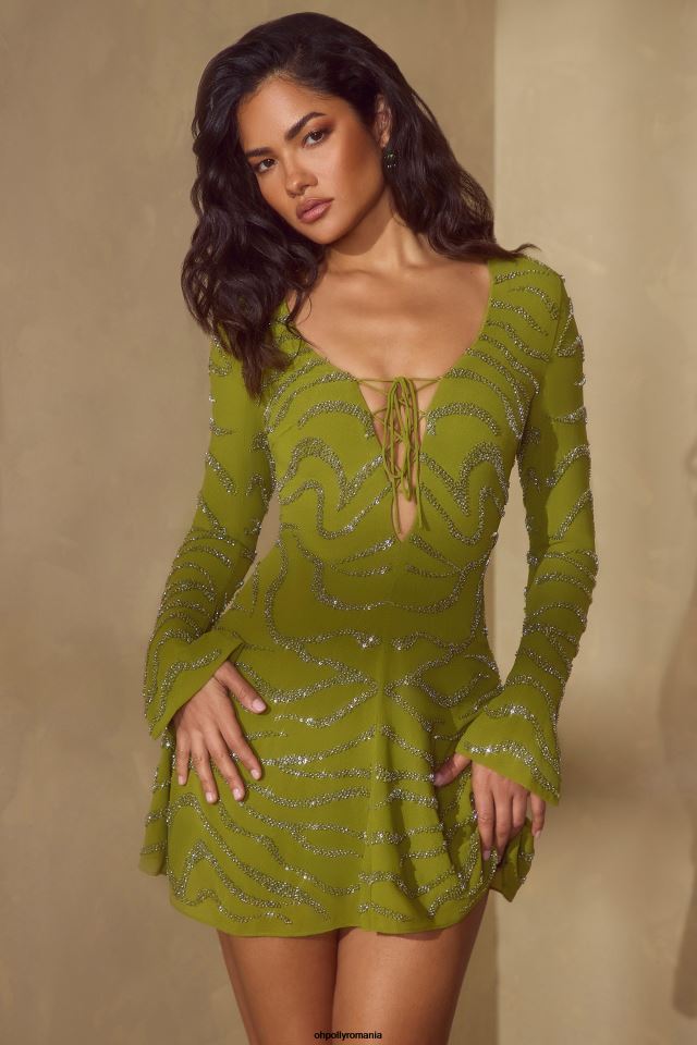 Oh Polly rochie femei rochie mini estelle cu mânecă lungă și dantelă măsline 6PJ0L56