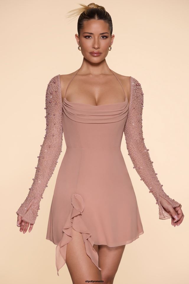 Oh Polly rochie femei rochie mini florence cu mânecă lungă și decolteu bej 6PJ0L61