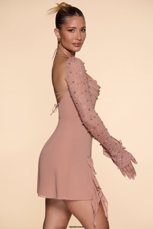 Oh Polly rochie femei rochie mini florence cu mânecă lungă și decolteu bej 6PJ0L61