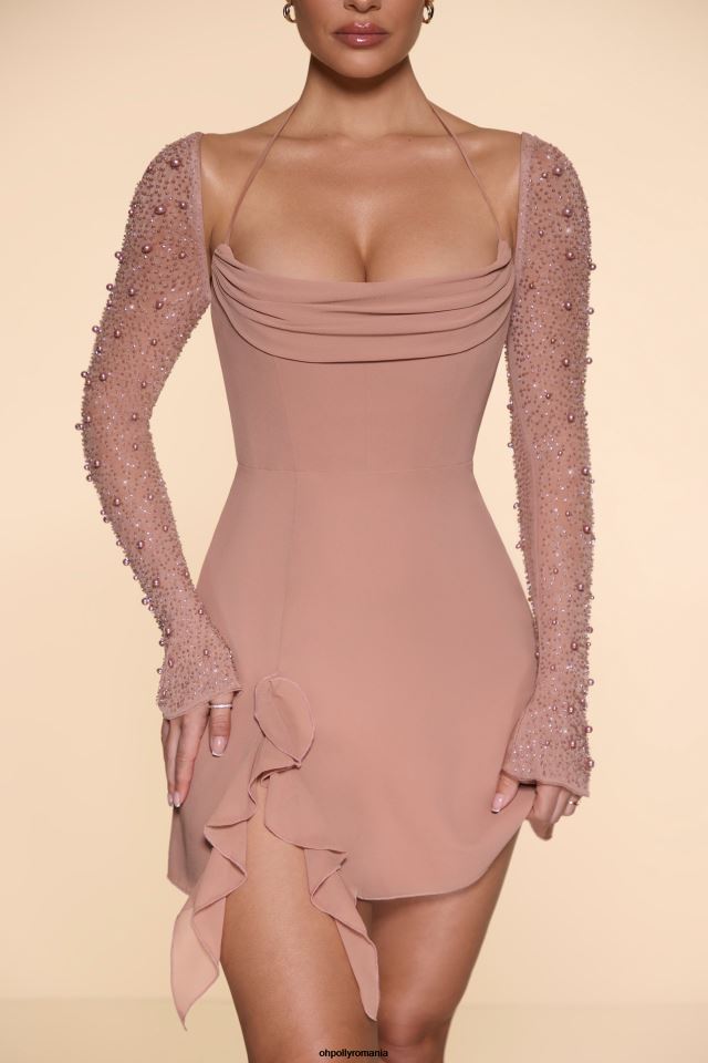 Oh Polly rochie femei rochie mini florence cu mânecă lungă și decolteu bej 6PJ0L61