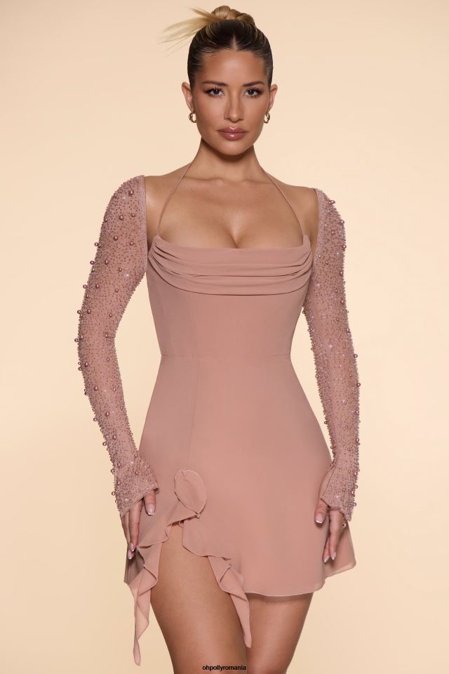 Oh Polly rochie femei rochie mini florence cu mânecă lungă și decolteu bej 6PJ0L61