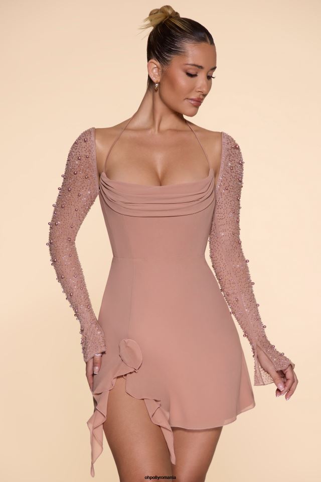 Oh Polly rochie femei rochie mini florence cu mânecă lungă și decolteu bej 6PJ0L61