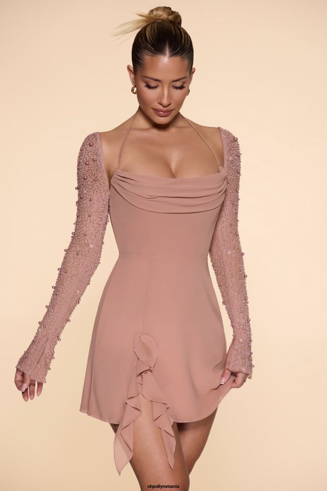 Oh Polly rochie femei rochie mini florence cu mânecă lungă și decolteu bej 6PJ0L61