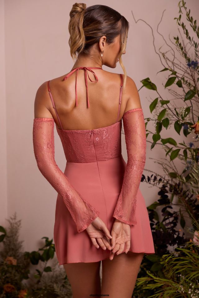 Oh Polly rochie femei rochie mini maelle cu mânecă din dantelă teracotă 6PJ0L265