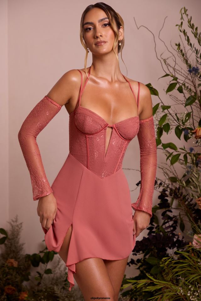 Oh Polly rochie femei rochie mini maelle cu mânecă din dantelă teracotă 6PJ0L265