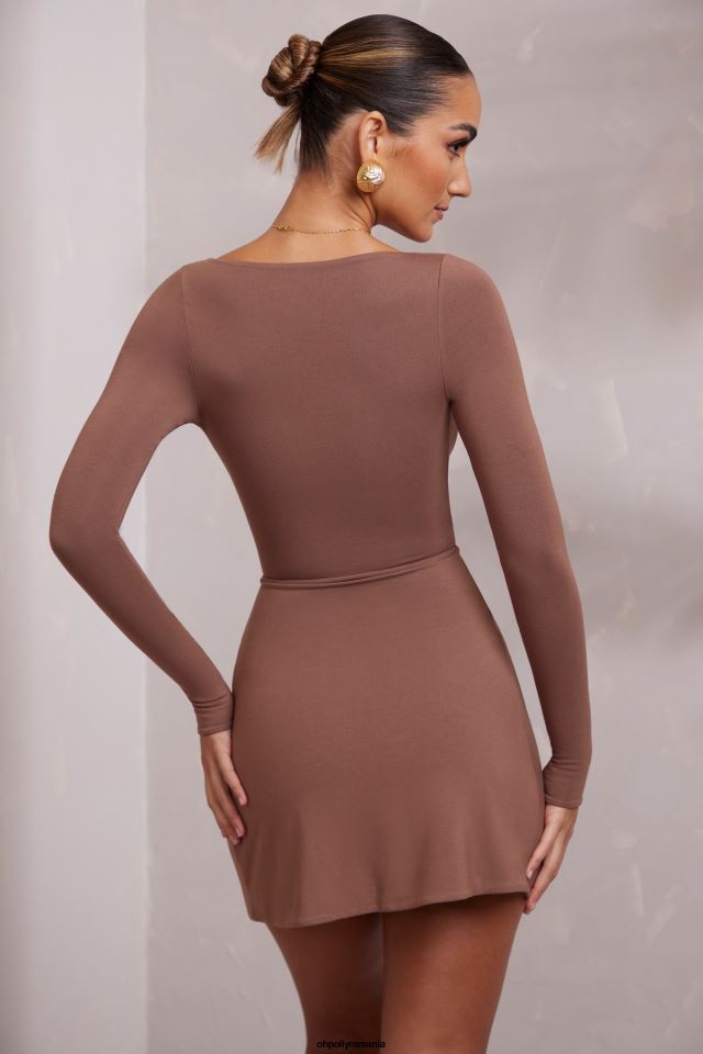 Oh Polly rochie femei rochie mini rayne cu mânecă lungă și gât adâncit maro 6PJ0L210